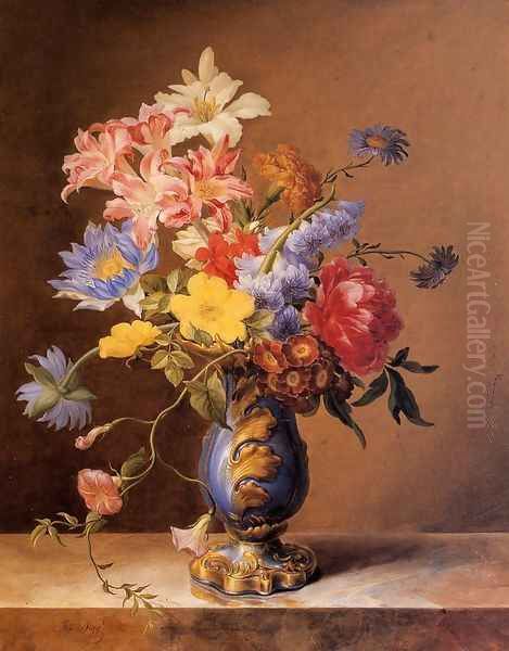 Flowers In A Blue Vase Oil Painting by Josef Nigg