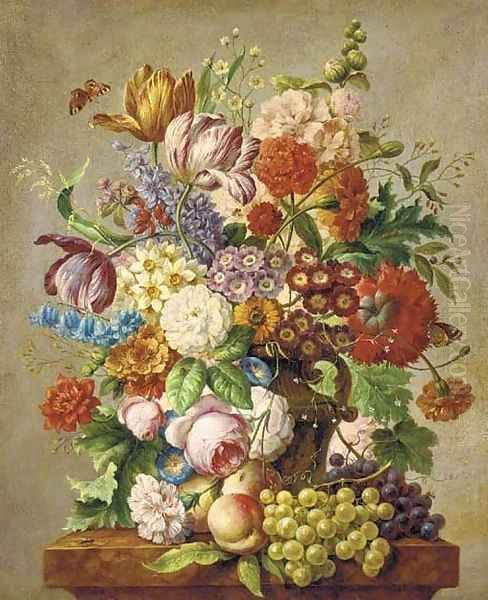 Assorted summer flowers in a vase on a stone ledge Oil Painting by Josef Nigg