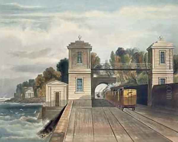 Dublin and Kingstown Railway Granite Pavilions and Tunnel Entrance at Lord Cloncurrys Demesne of Maratimo near Blackrock Kingstown Harbour in the Distance Oil Painting by Andrew Nicholl