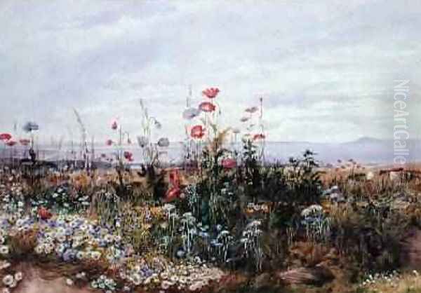 Wildflowers with a View of Dublin Dunleary Oil Painting by Andrew Nicholl