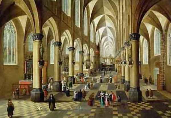 Figures gathered in a Church Interior Oil Painting by Pieter the Younger Neefs