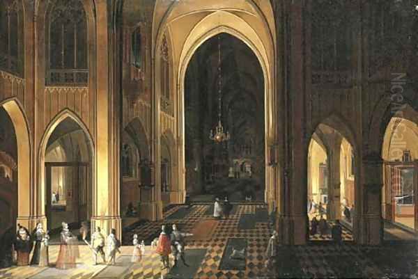 The interior of a Gothic church with figures at night Oil Painting by Pieter the Younger Neefs