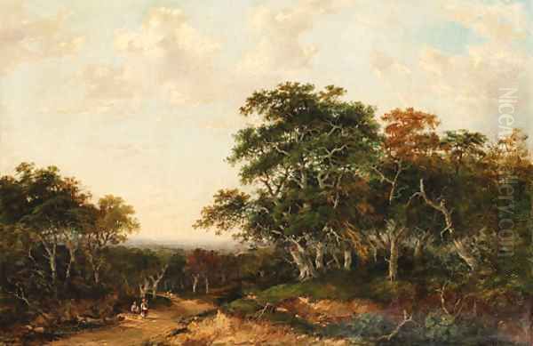 A wooded landscape with travellers on a path Oil Painting by Charlotte Nasmyth