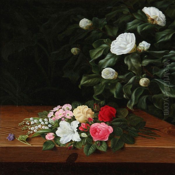 Flower Bouquet On A Sill At A White Camillia Bush And Elephant Ear Oil Painting by I.L. Jensen