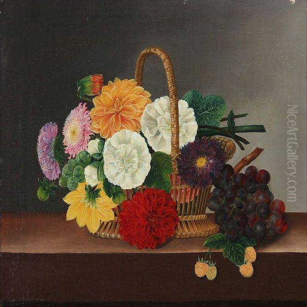 Colourfull Flowers And Grapes At A Basket Oil Painting by I.L. Jensen