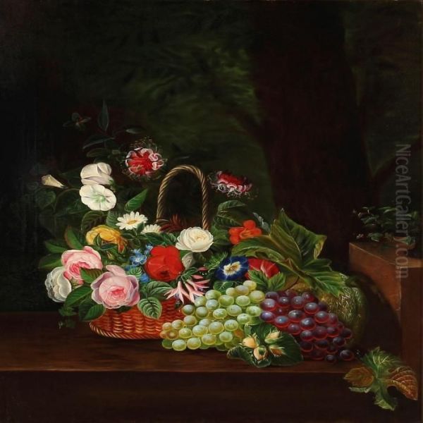 Still Life With Flowers And Grapes Oil Painting by I.L. Jensen