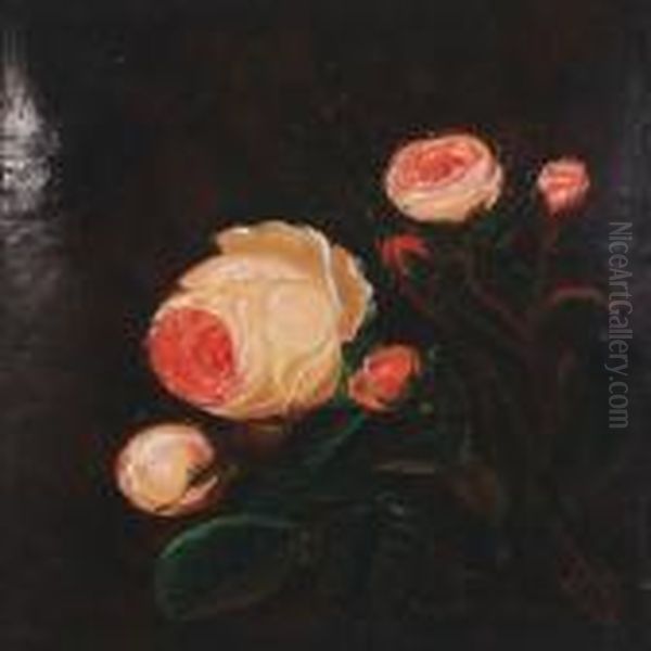 Still Life With Pink Roses Oil Painting by I.L. Jensen