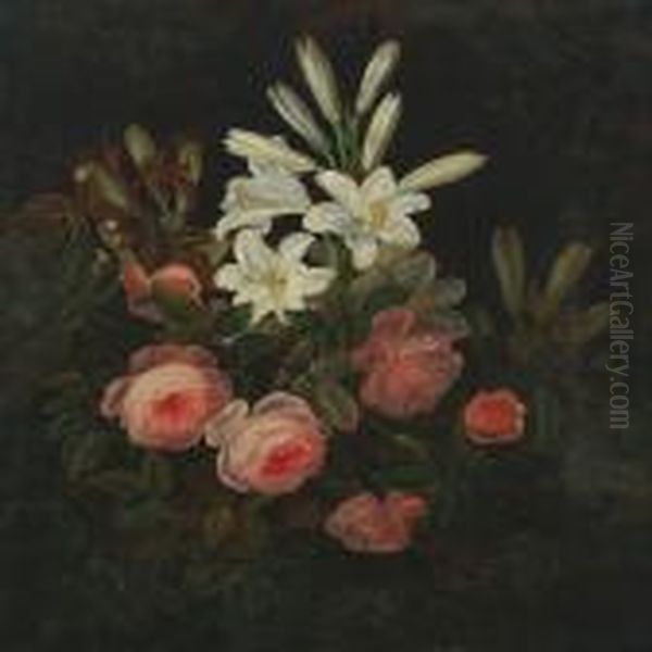 Roses And Lilie Oil Painting by I.L. Jensen