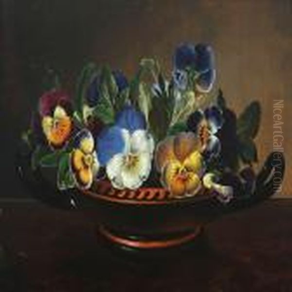 Still Life With Flowers In An Earthenware Bowl On A Table Oil Painting by I.L. Jensen