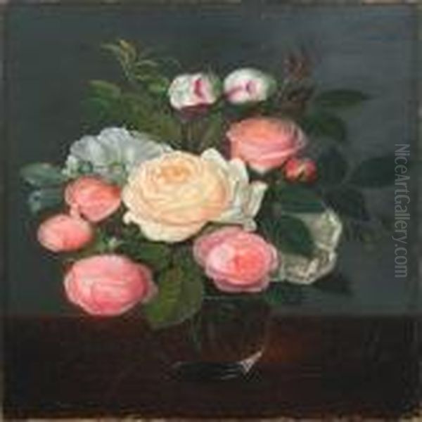 Still Life With Roses In A Glass Vase On A Table Oil Painting by I.L. Jensen