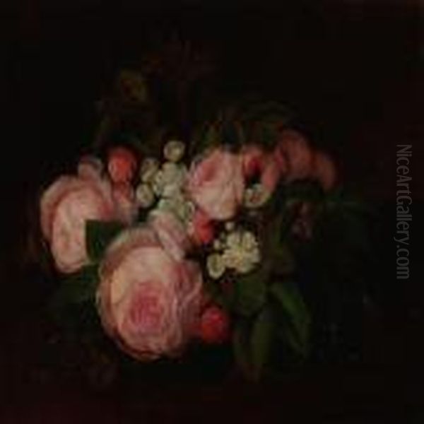 Still Life With Pink Roses And Hawthorn Oil Painting by I.L. Jensen