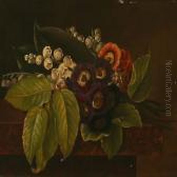 A Bouquet Of Primula And Lily Of The Valley On A Sill Oil Painting by I.L. Jensen