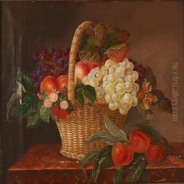 A Pair Of Still Lifes With Flowers And Fruit Oil Painting by I.L. Jensen