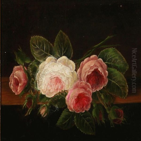 Pink Roses On A Sill Oil Painting by I.L. Jensen