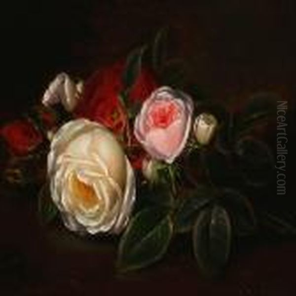 A Bouquet Of Red And White Roses Oil Painting by I.L. Jensen