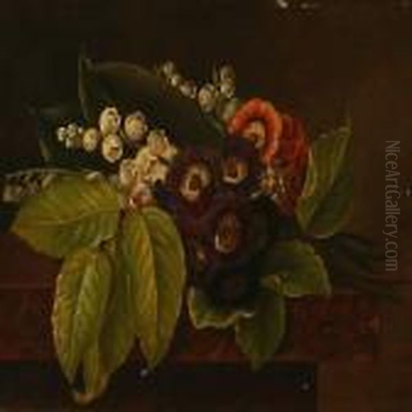 A Bouquet Of Flowers On A Sill Oil Painting by I.L. Jensen