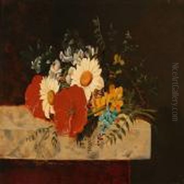 A Bunch Of Flowers On A Sill Oil Painting by I.L. Jensen