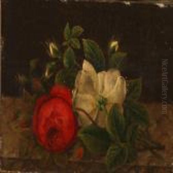 Flowers On A Stone Sill Oil Painting by I.L. Jensen