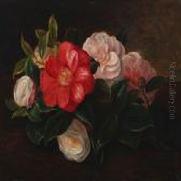 Red- And Pink Camellia Flowers On A Table Oil Painting by I.L. Jensen