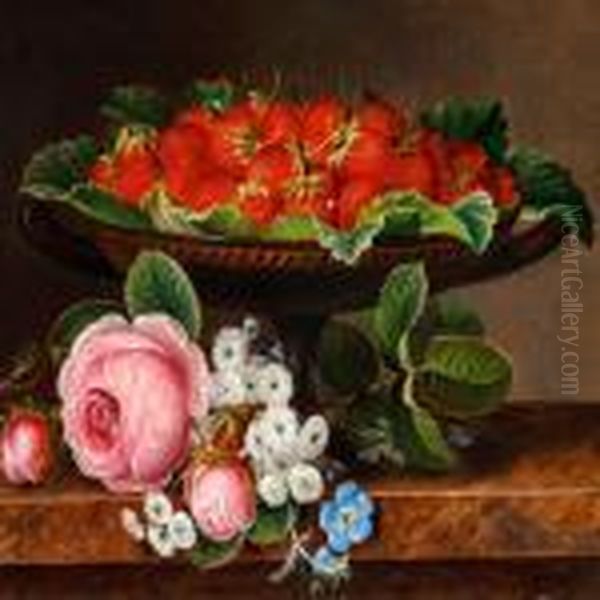 Still Life With Strawberries In A Greek Bowl And A Bunch Of Pink Roses Oil Painting by I.L. Jensen