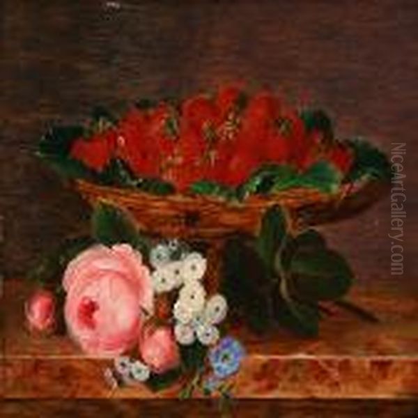 Strawberries And Pink Roses On A Sill Oil Painting by I.L. Jensen