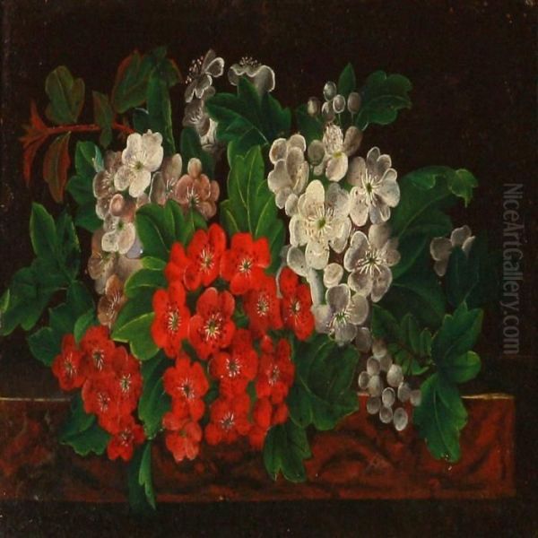 Red And White Hawthorns On A Sill Oil Painting by I.L. Jensen