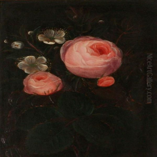 Pink Roses And Cherry Flowers Oil Painting by I.L. Jensen