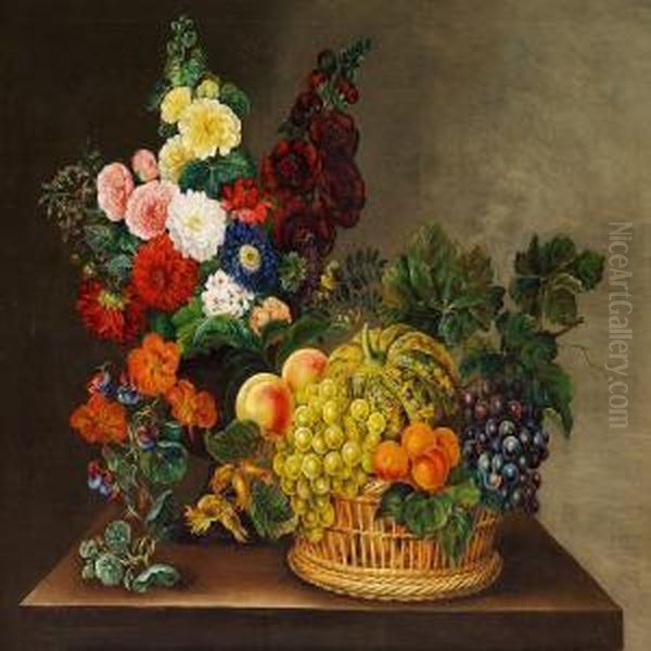 Still Life With Flowers In A Vase And Fruit In A Basket On Atable Oil Painting by I.L. Jensen