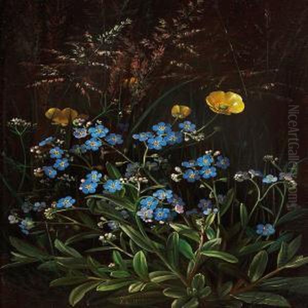 Buttercups And Forget-me-nots In The Forest Floor Oil Painting by I.L. Jensen