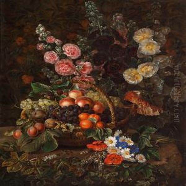 Still Life With Fruit In A Basket And A Bunch Of Poppies,cornflowers And Marguerites Oil Painting by I.L. Jensen