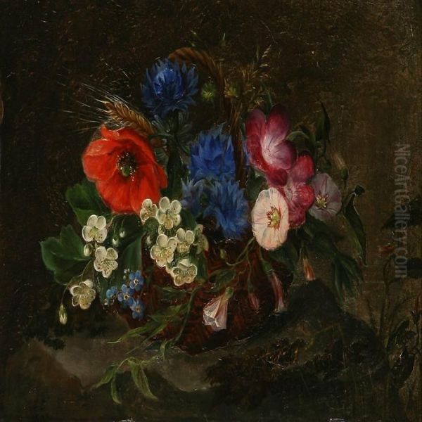 Colourful Flowers In A Basket Oil Painting by I.L. Jensen