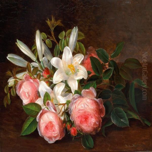 Roses And Lilies Oil Painting by I.L. Jensen