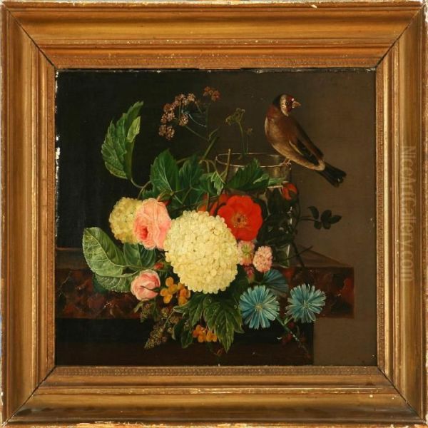 Flower Bouquet With A Vase And Bird On A Stone Frame Oil Painting by I.L. Jensen