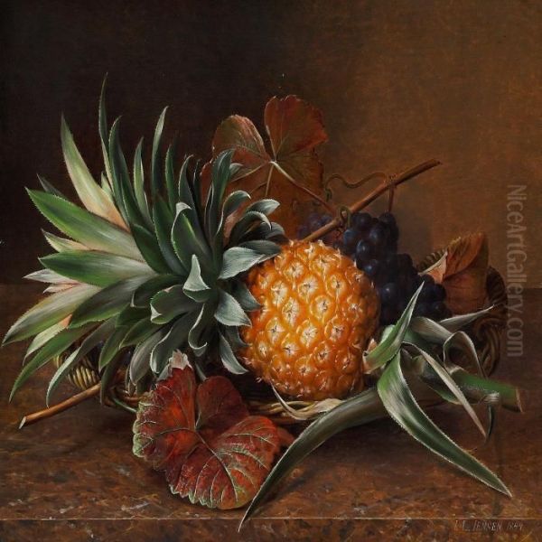 Fruit Basket With Pineapple And Blue Grapes Oil Painting by I.L. Jensen