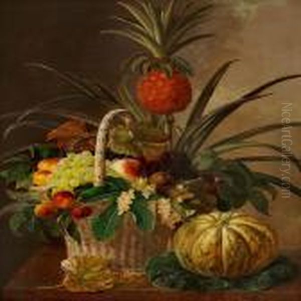 Still Life With Pineapple, Grapes, Peaches, Nuts, Berries And Leaves In A Basket Oil Painting by I.L. Jensen