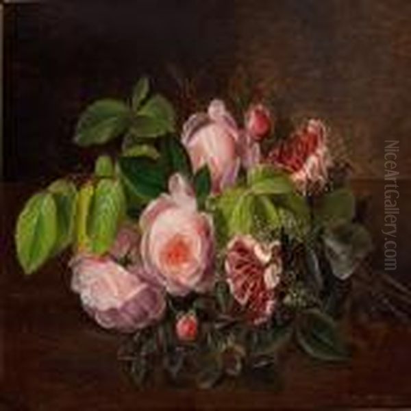 A Bunch Of Pink Roses, Caprifolium And Beech Twigs Oil Painting by I.L. Jensen