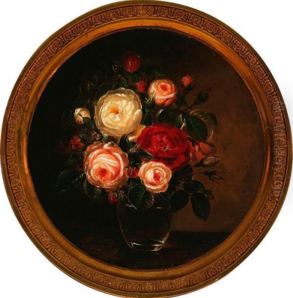 Rose Bouquet In A Vase On A Table Oil Painting by I.L. Jensen