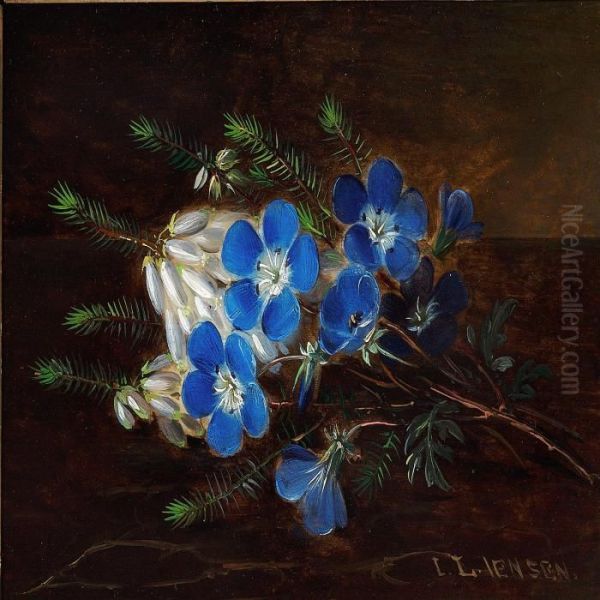 A Bunch Of Blue Poppy Anemones And White Heather Oil Painting by I.L. Jensen