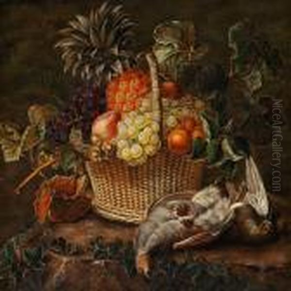 Still Life With Fruit In A Basket And Game Birds Oil Painting by I.L. Jensen