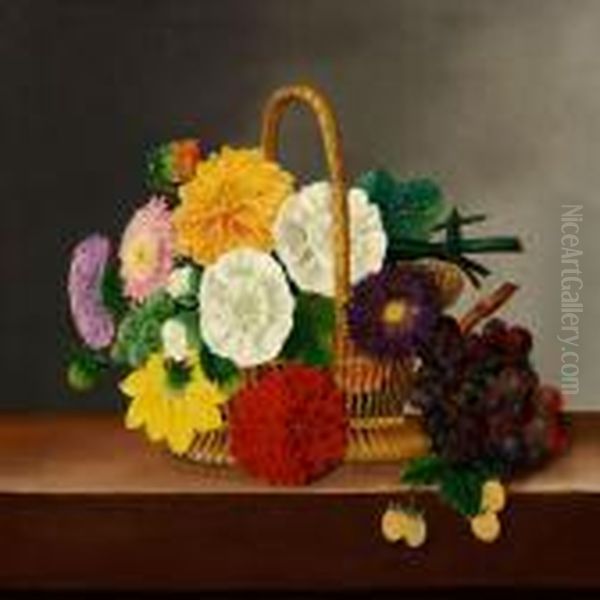 Flower Still Life With Dahlias, Asters And Hollyhocks In A Basket On A Table Oil Painting by I.L. Jensen