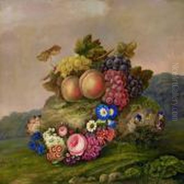 Still Life With Fruitsand Flowers In Landscape Oil Painting by I.L. Jensen