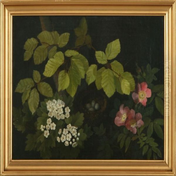 Bird's Nest Betweenflowers And Beech Leaves Oil Painting by I.L. Jensen