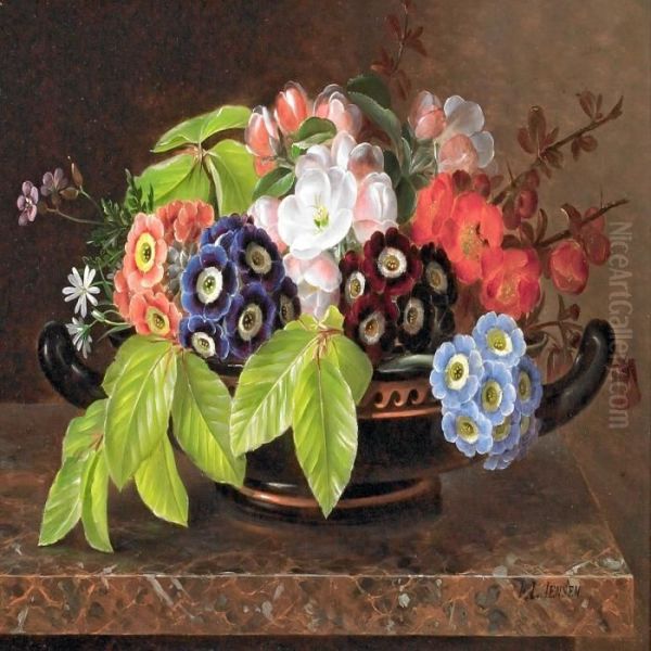 Opstilling Pa Karm Med Primula, AEbleblomst Og Spaede Bogeblade I Klassisk Terracotta Fad Oil Painting by I.L. Jensen