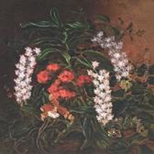 Exotic Flowers In Forest Floor Oil Painting by I.L. Jensen