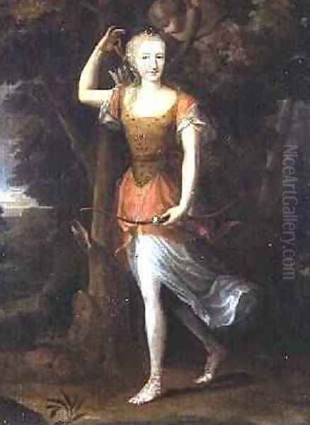 Portrait of a lady thought to be Diane Denise de Boillon as Diana with Cupid Oil Painting by Jean Nocret I