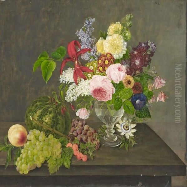 A Bouquet Of Roses, Lilacs, Columbines, Bindsweeds And Lily With Grapes And Melon Oil Painting by I.L. Jensen