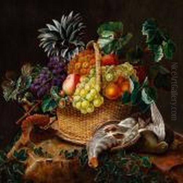 Still Life With Fruit In A Basket And Game Birds On A Stump Of Tree Oil Painting by I.L. Jensen