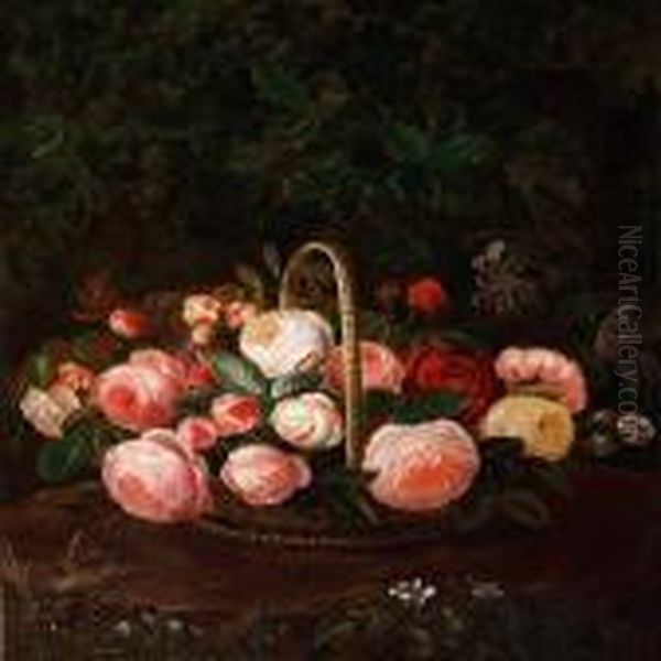 Pink Roses In A Basket Oil Painting by I.L. Jensen