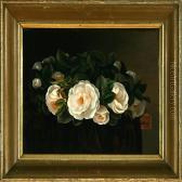 A White Rose Wreath Oil Painting by I.L. Jensen