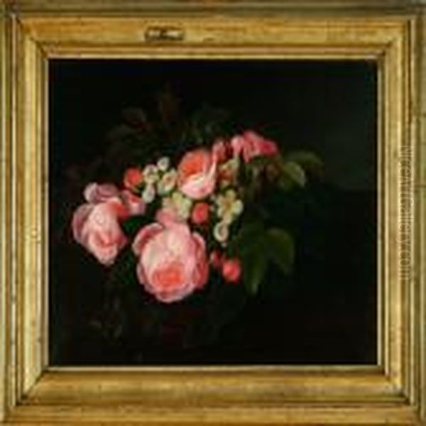 A Still Life With Pink Roses And White Myrtles On A Window Still Oil Painting by I.L. Jensen